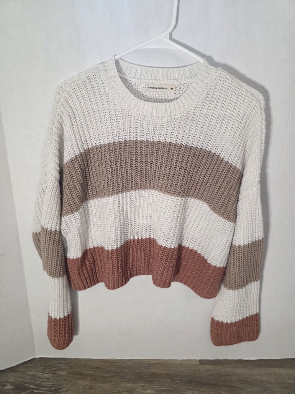 Moon & Madison Drop Sleeve Striped Crewneck Sweater in Cream, Tan & Rust